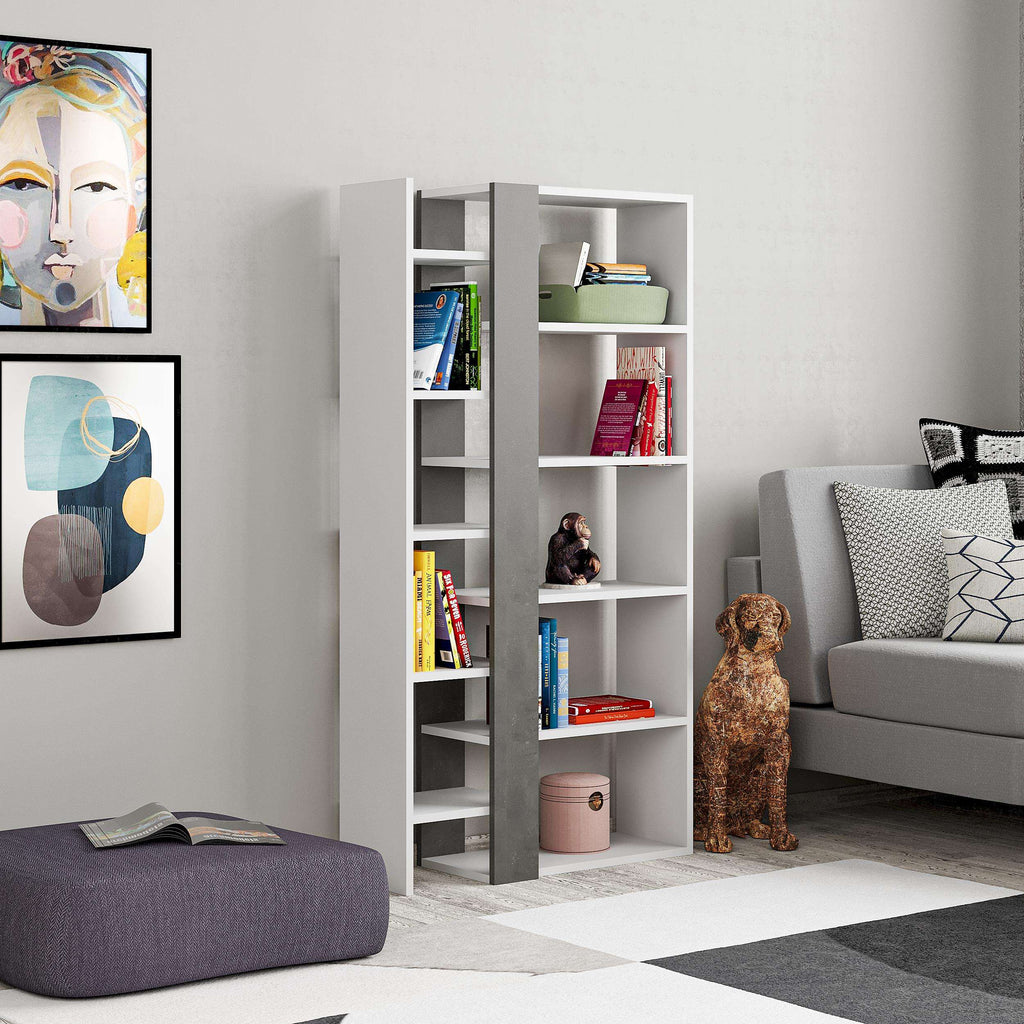 Front view of tall bookcase display unit with open shelves, white frame and grey center