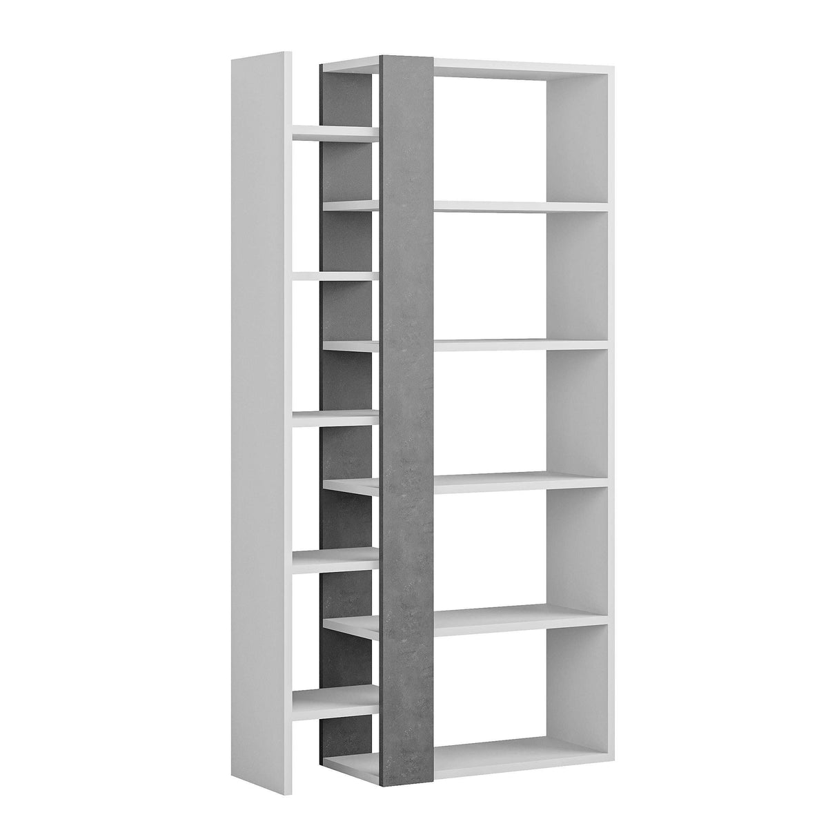 Tall bookcase display unit with open shelves, white frame and dark grey vertical divider