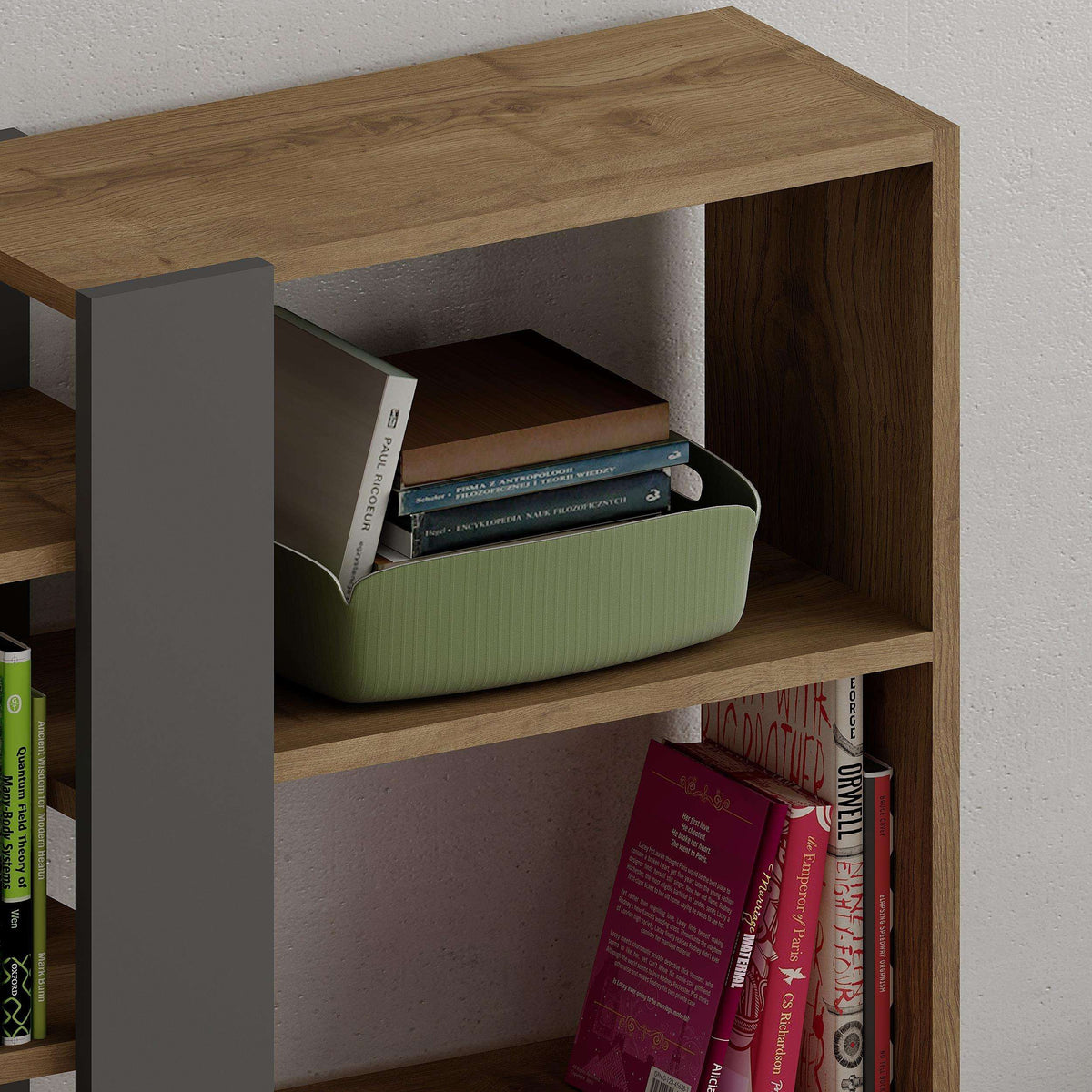 Woodgrain bookcase shelf with anthracite side panel and books in green container