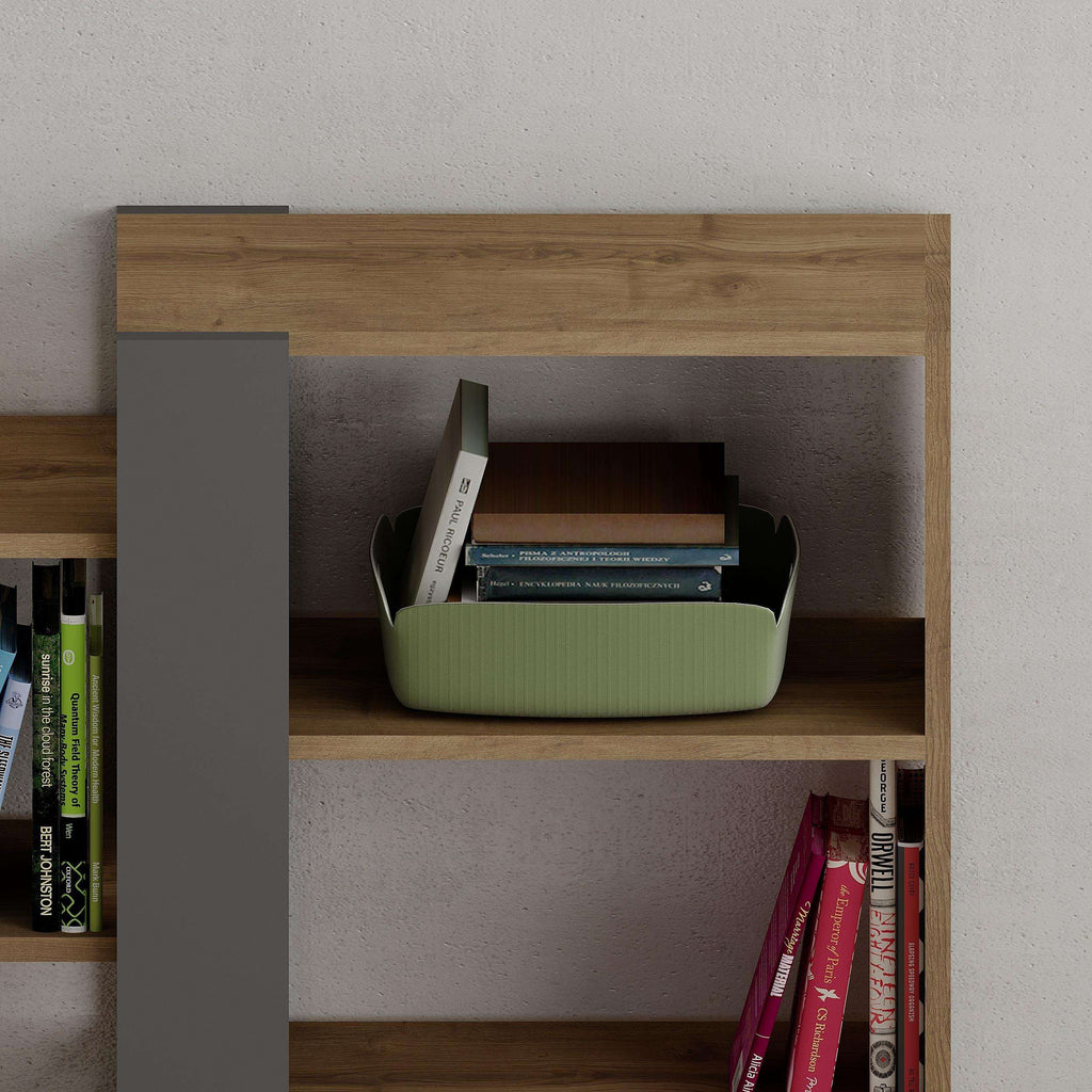 Woodgrain bookcase shelf with anthracite side panel, books in green fabric basket