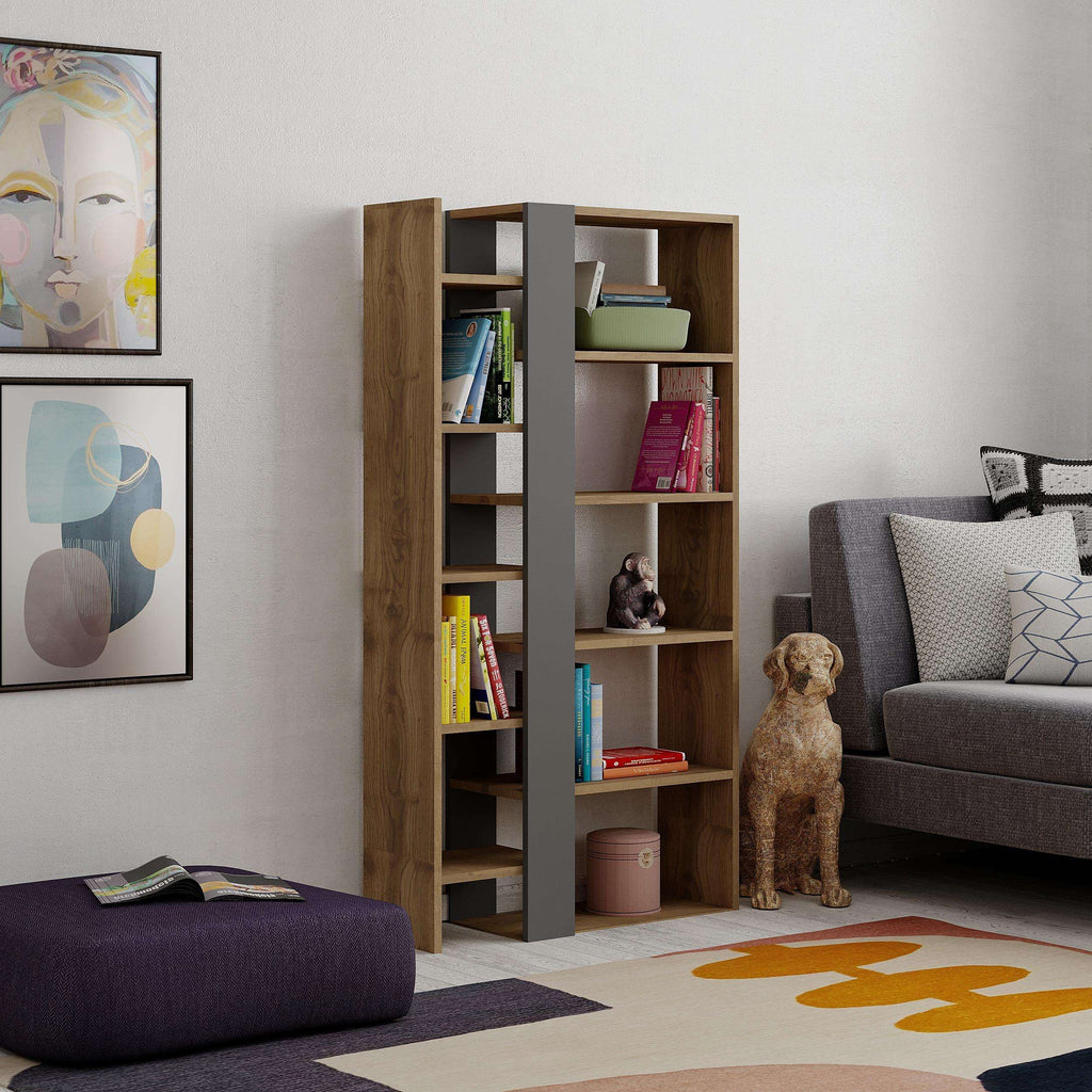 Tall modern bookcase display unit with open shelves, books, and decorative items