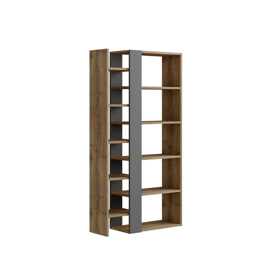 Tall bookcase display unit with open shelves, wood side panels and grey center divider