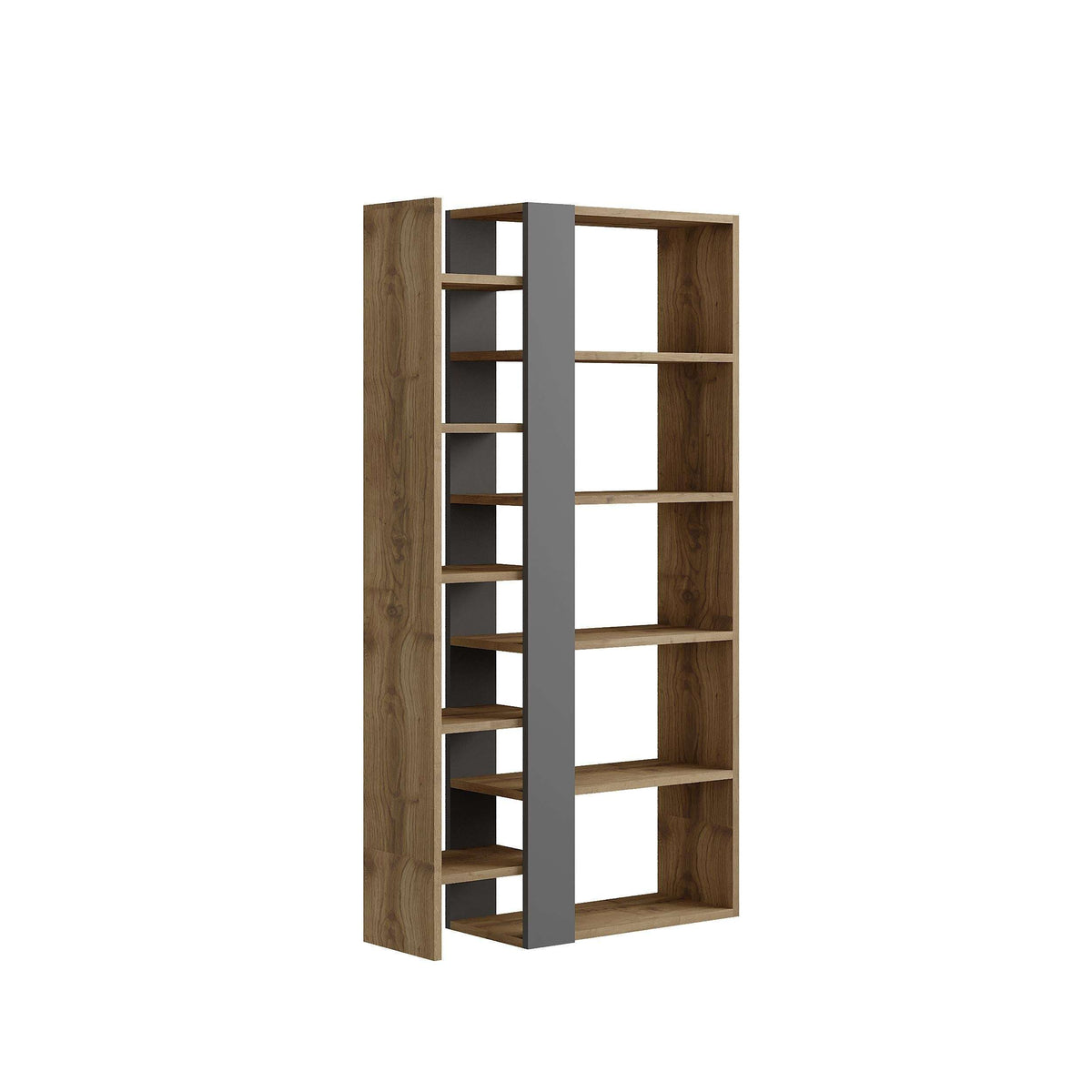 Tall bookcase display unit with open shelves, wood side panels and grey center divider