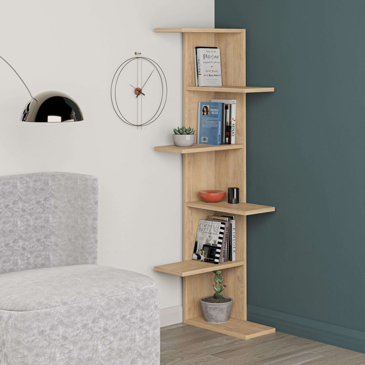 Light oak 5-tier corner bookcase with five open shelves