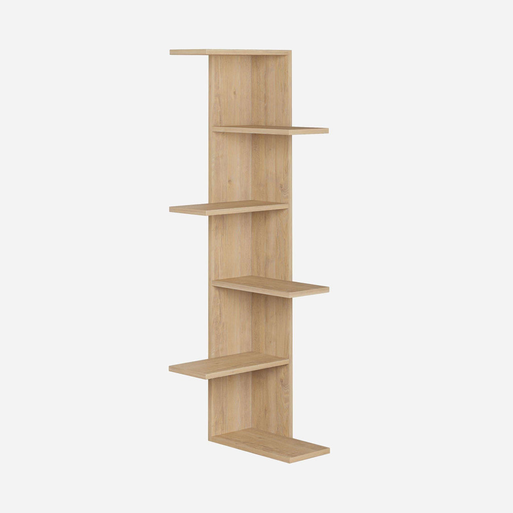5-tier corner bookcase in light wood with five open shelves