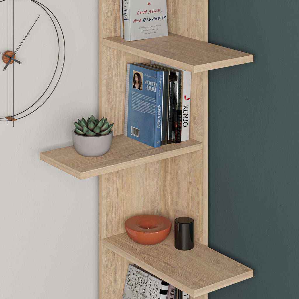 5-tier corner bookcase with five open shelves in light oak wood