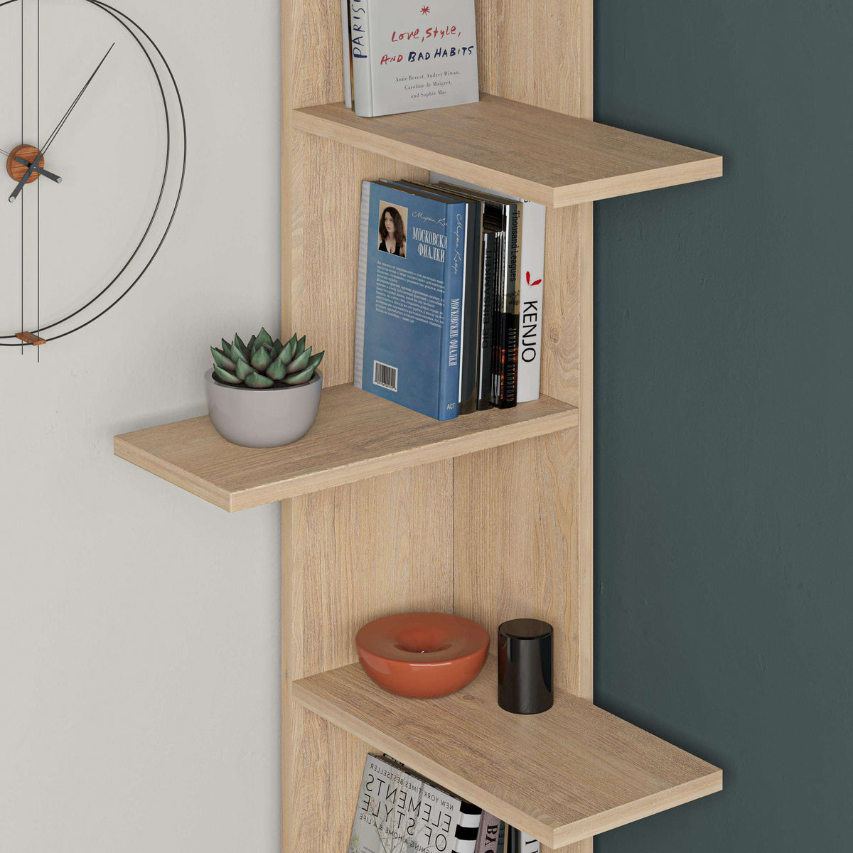 5-tier corner bookcase with five open shelves in light oak wood