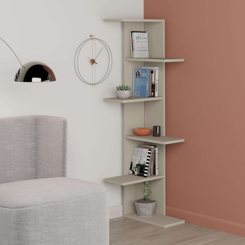 Sandstone 5-tier corner bookcase with five open shelves beside a sofa