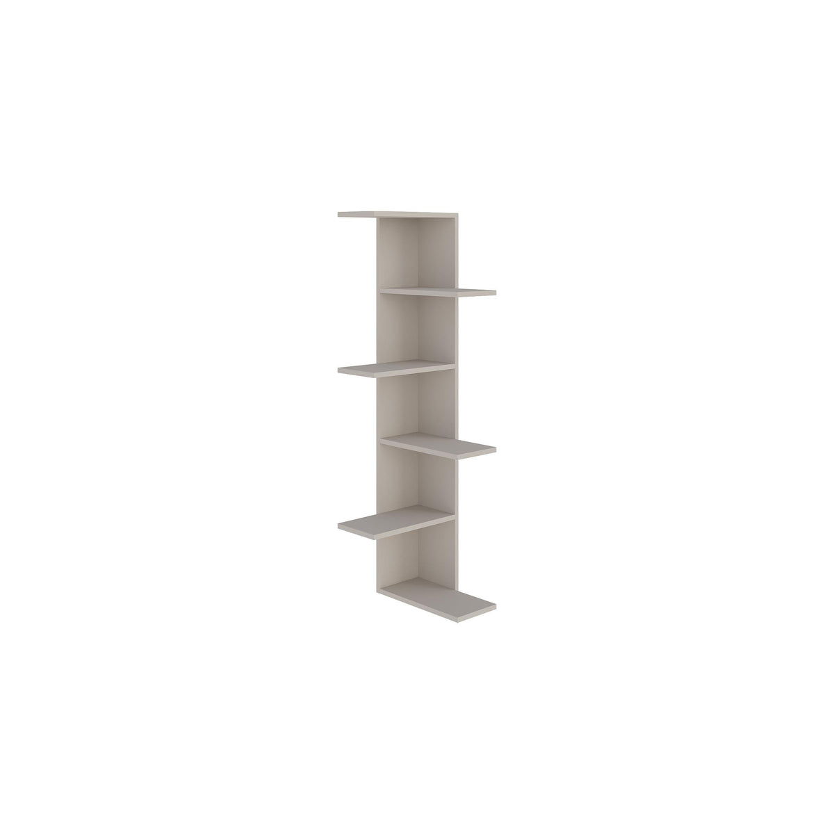Light-colored 5-tier corner bookcase with five open shelves, front view