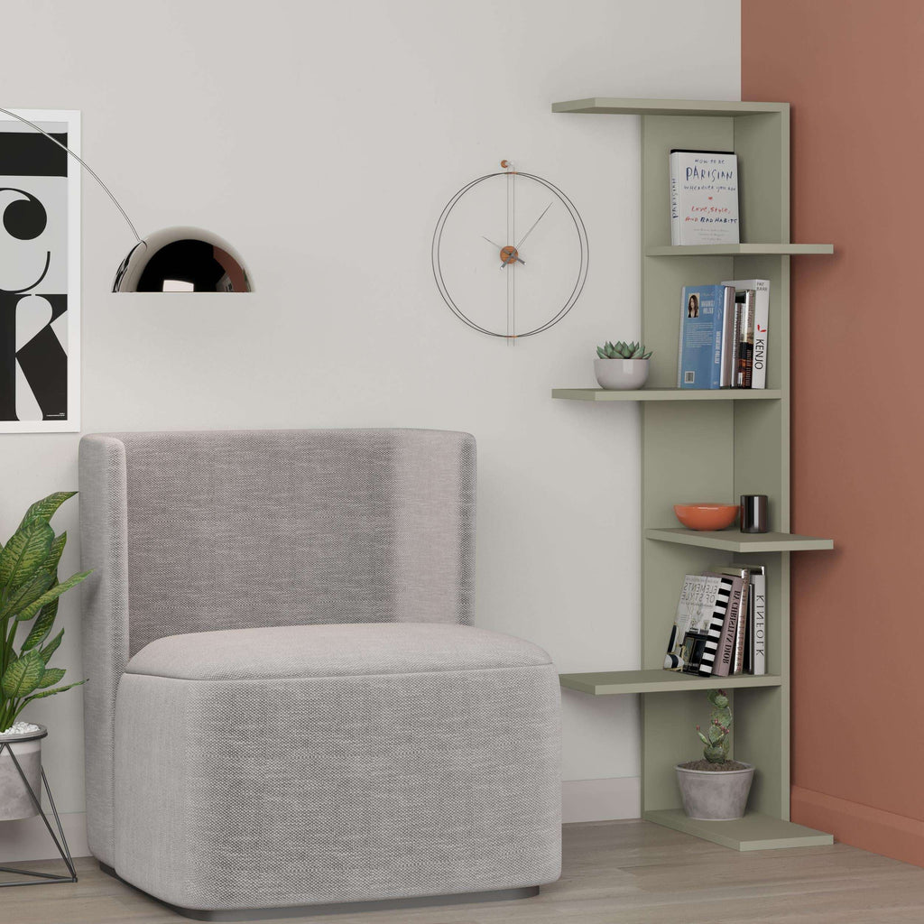 Ash Green 5-tier corner bookcase with five open shelves next to a sofa