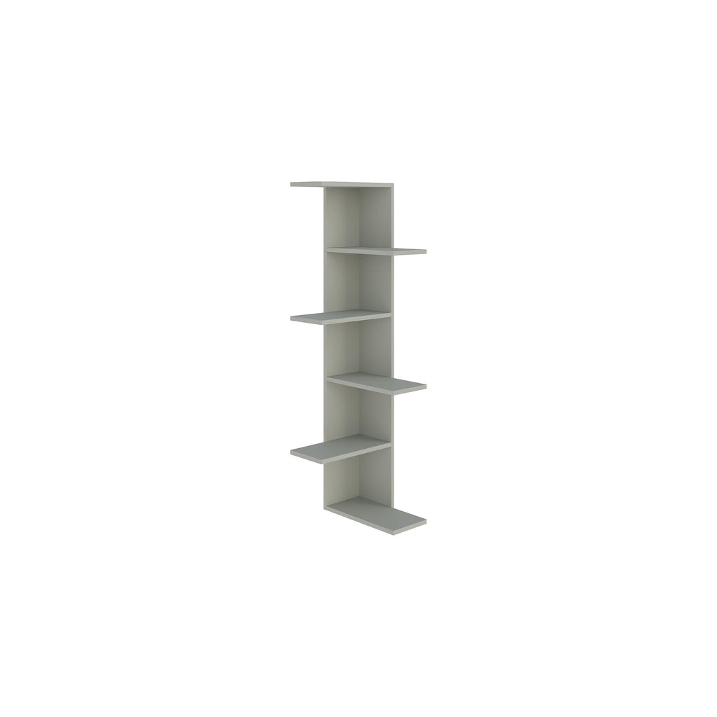 Light-colored 5-tier corner bookcase with five open shelves, angled view