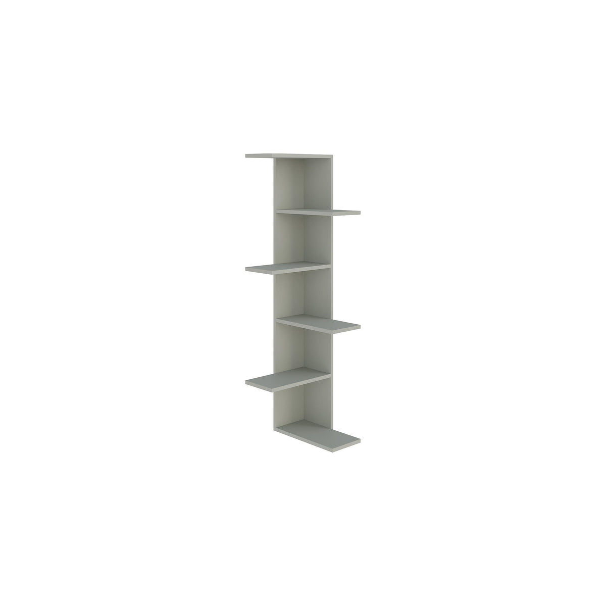 Light-colored 5-tier corner bookcase with five open shelves, angled view