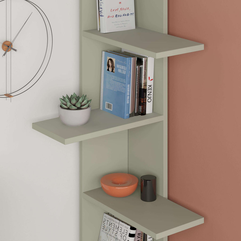 Ash Green 5-tier corner bookcase with open shelves holding books and bowls