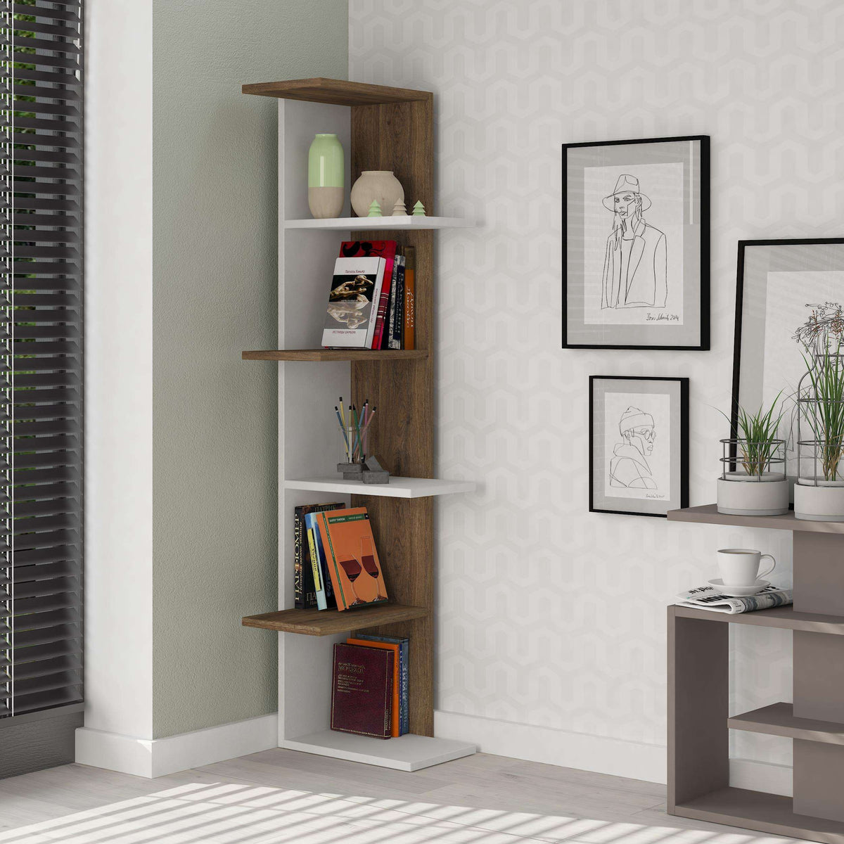 Corner bookcase with white frame and dark oak wood shelves, 5-tier display