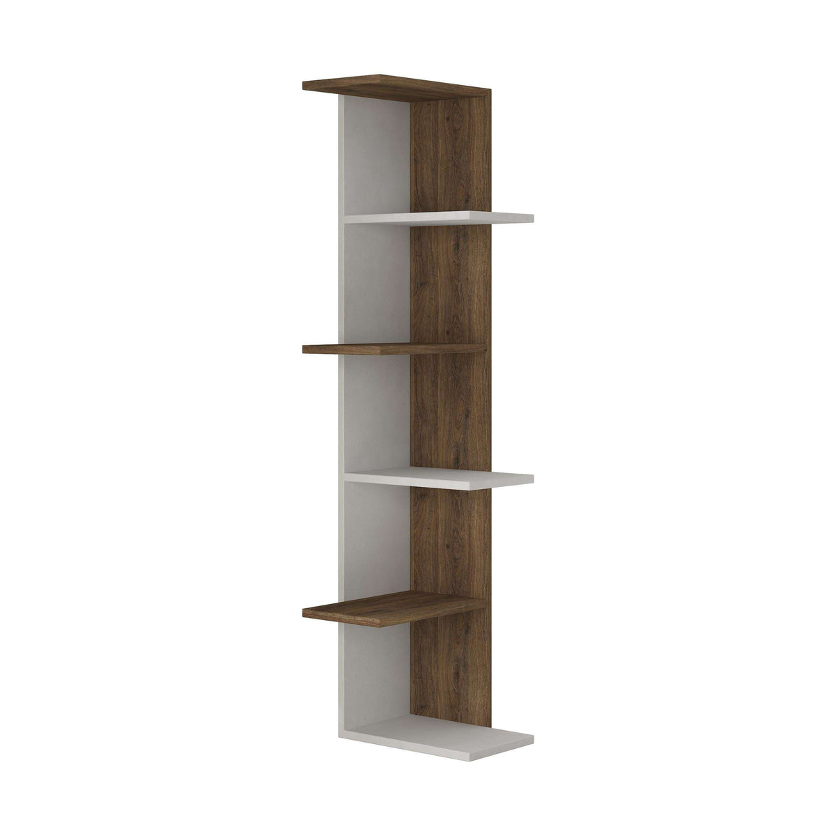 Corner bookcase with white frame and dark oak wood shelves, 5 tiers