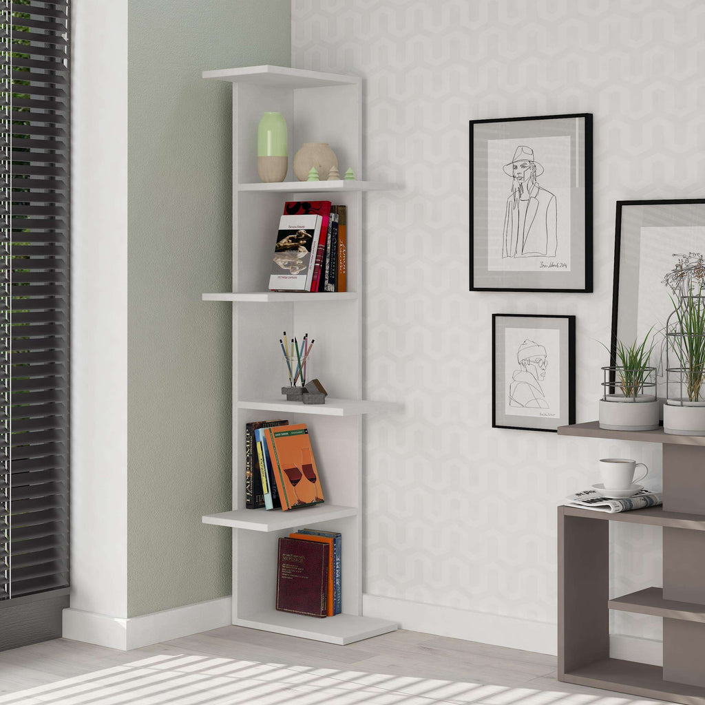 White 5-tier corner bookcase with open shelves for books and decor