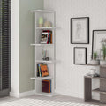 5-tier corner bookcase with white frame and dark oak shelves