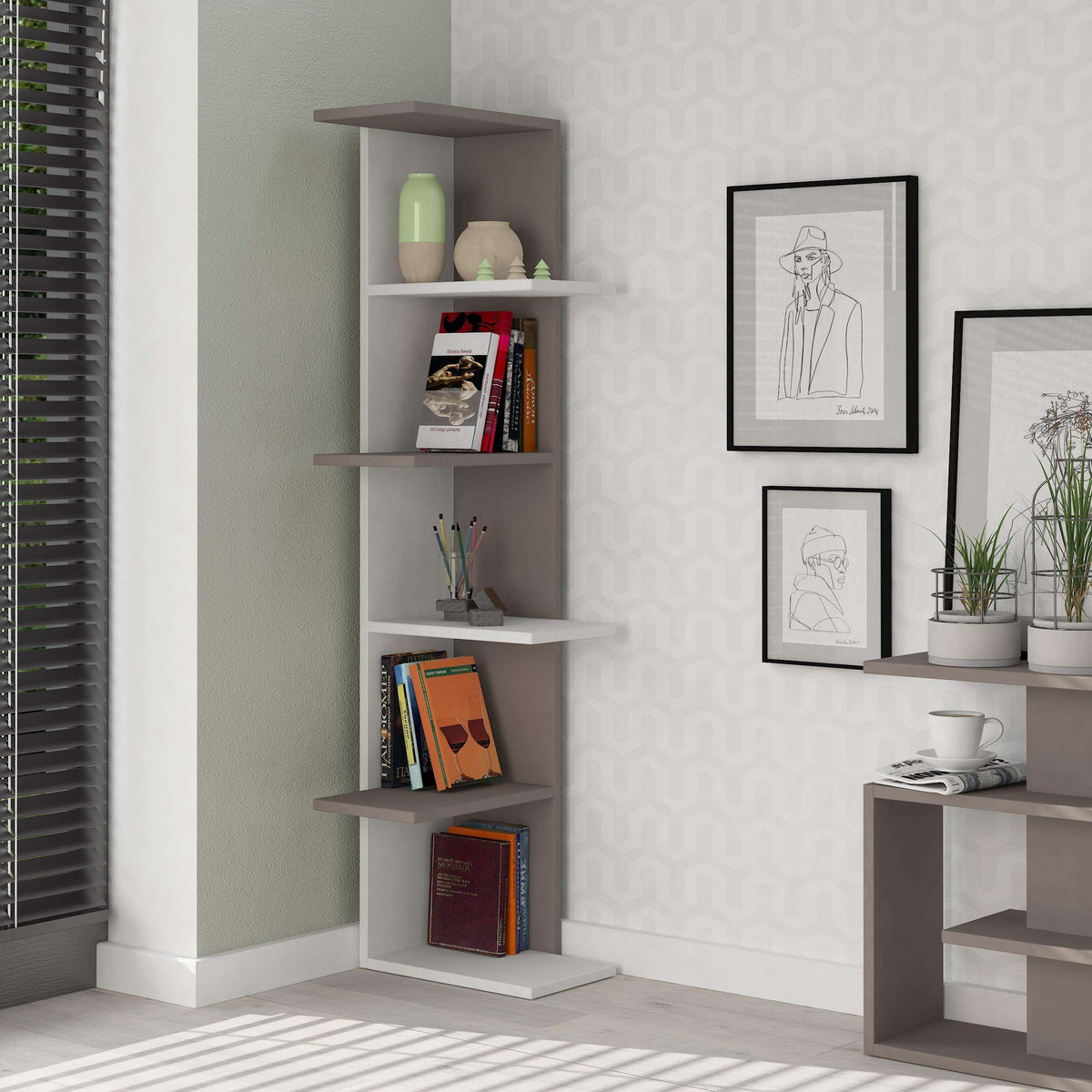 5-tier corner bookcase with white frame and dark oak shelves