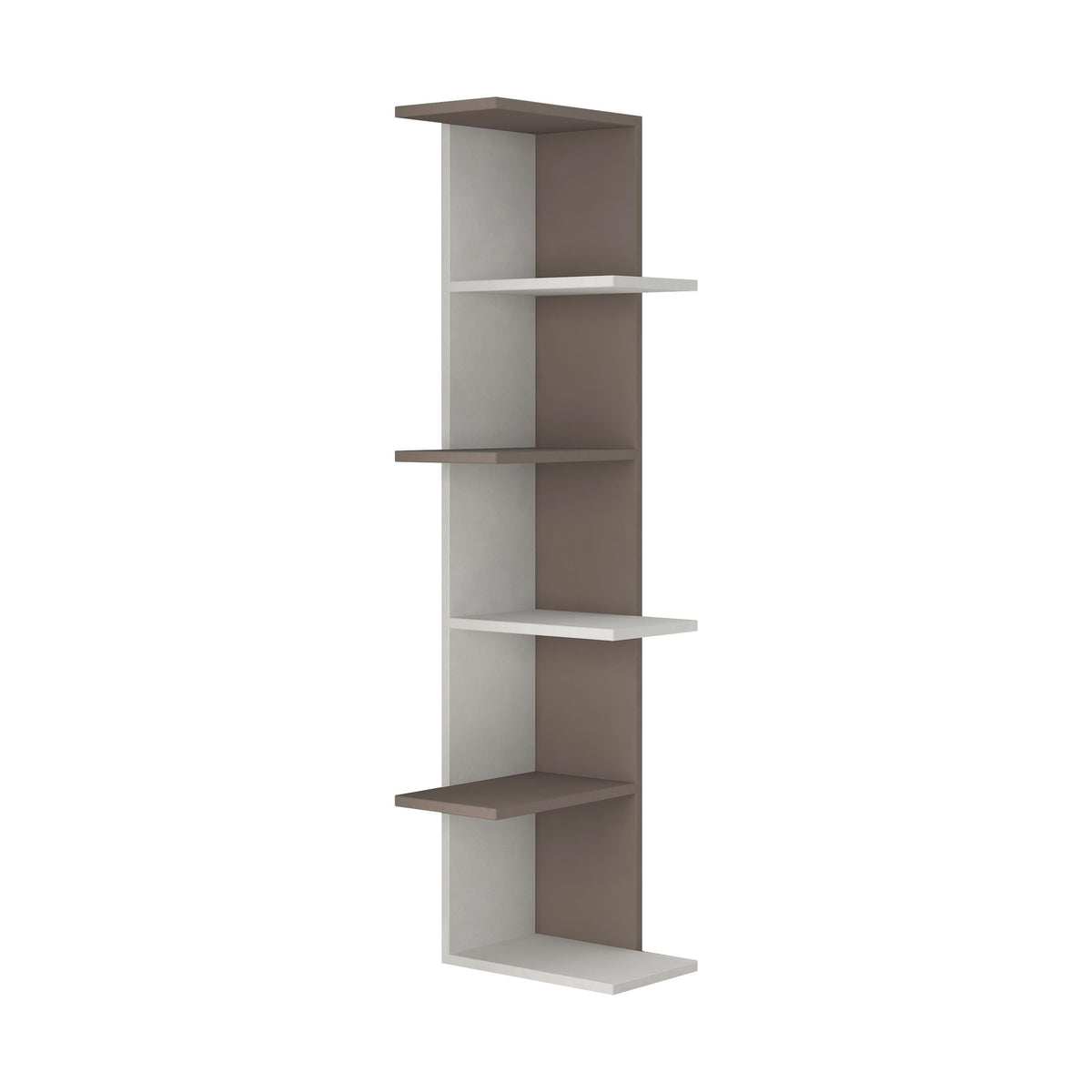 5-tier corner bookcase with white frame and dark brown open shelves