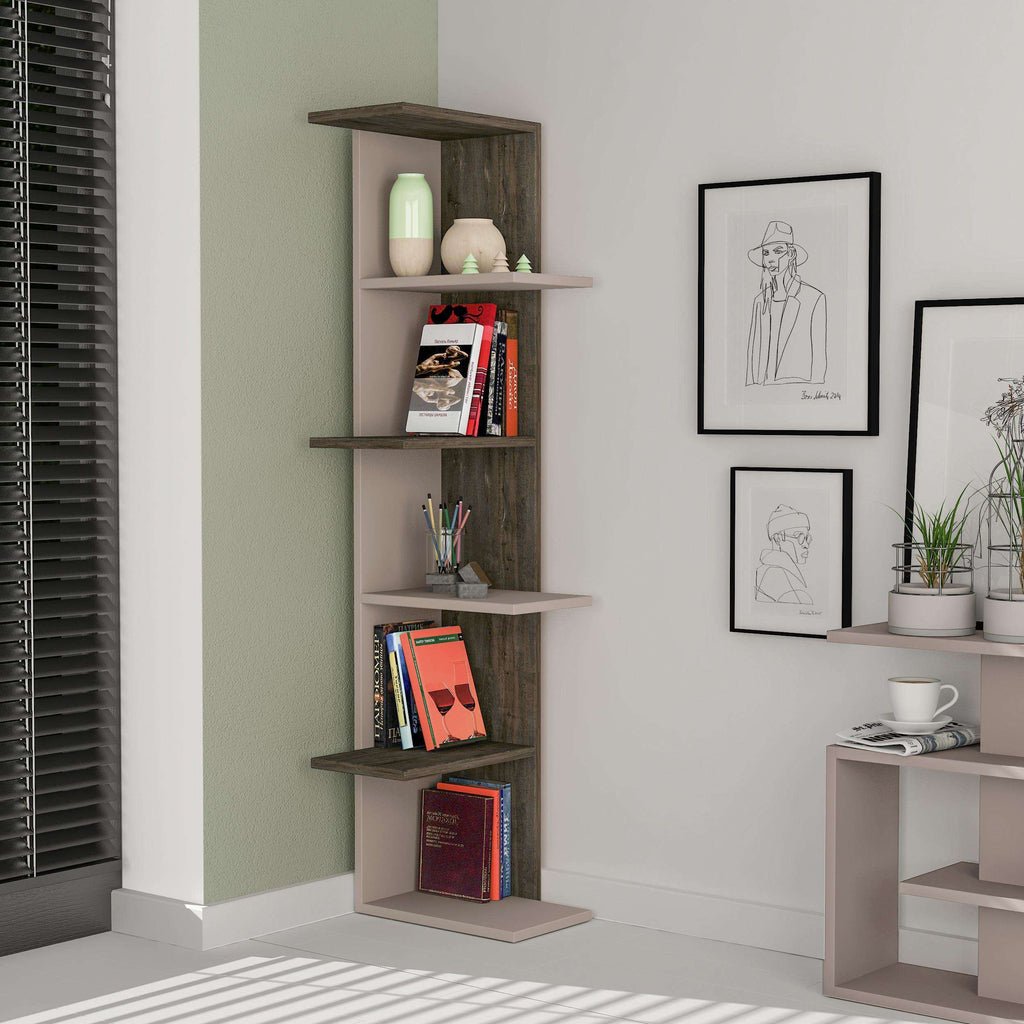 Corner bookcase with light panels and wood-tone shelves, 5-tier book display