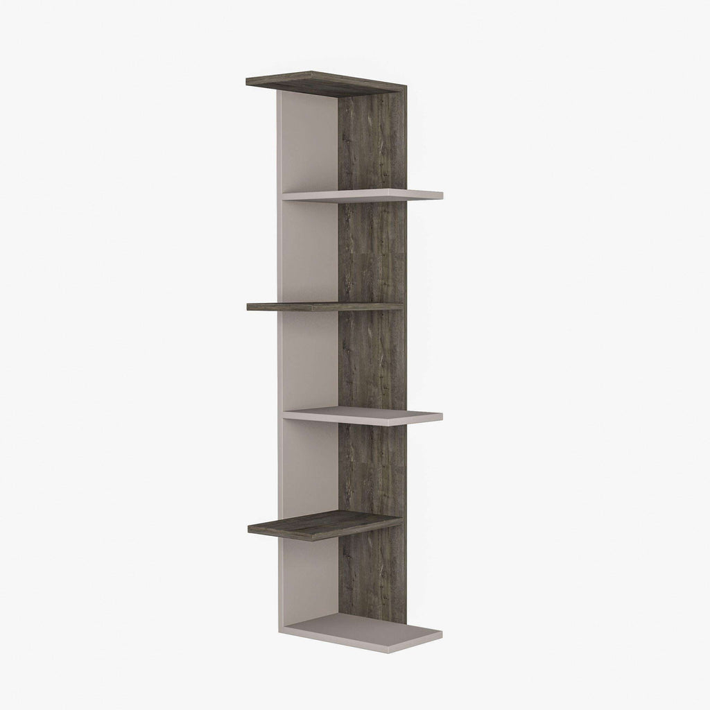 Corner bookcase with white frame and dark coffee wood shelves, 5 tiers