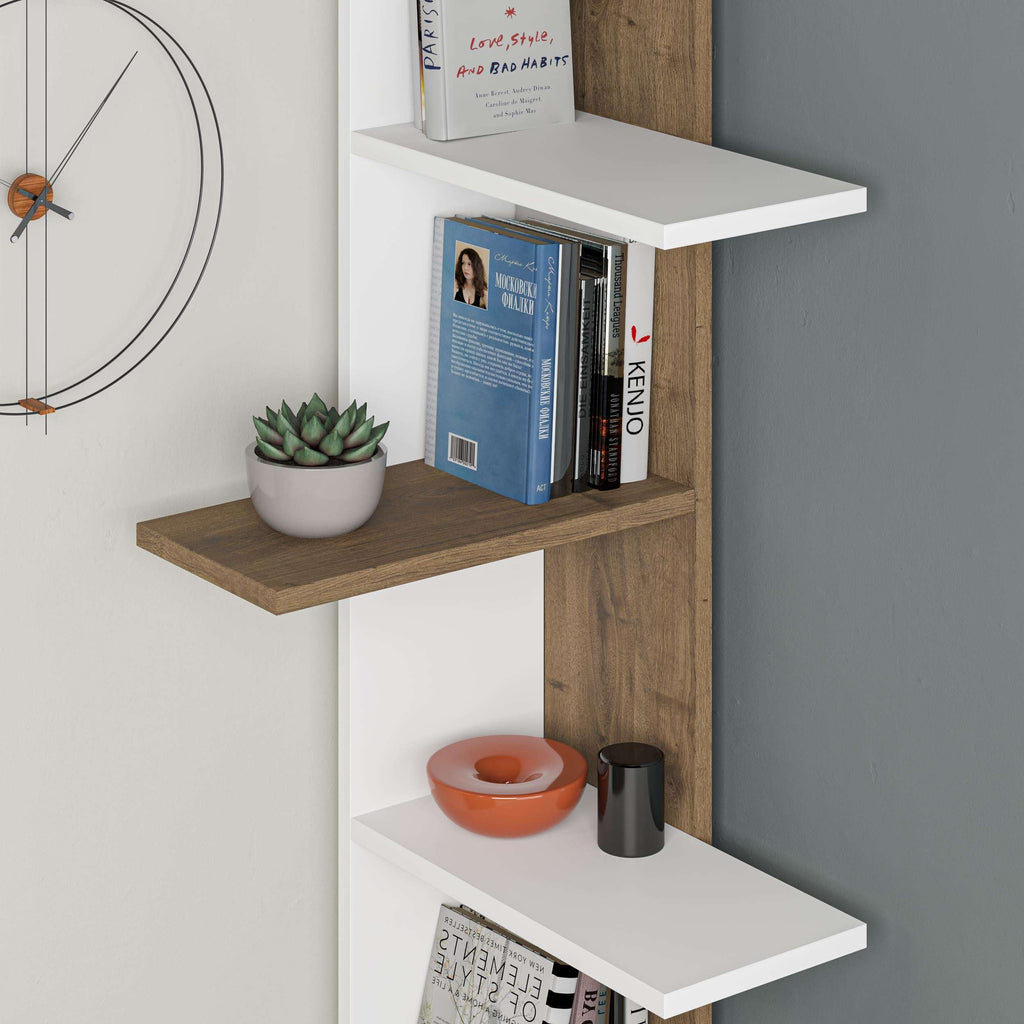 5-tier corner bookcase with white shelves and dark oak side panels