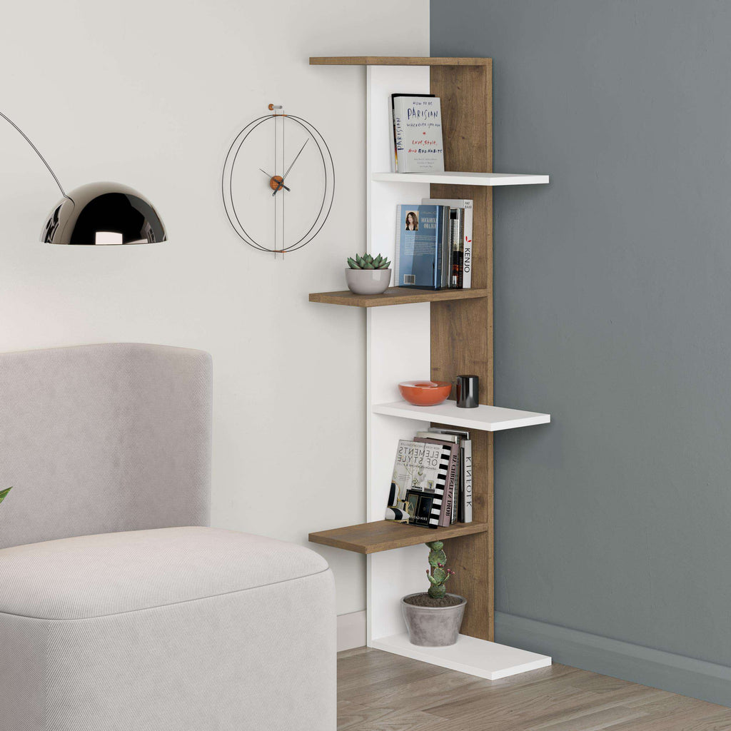 5-tier corner bookcase with white shelves and dark oak frame