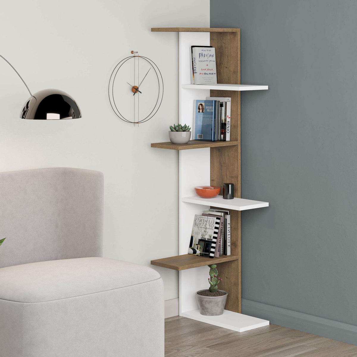5-tier corner bookcase with white shelves and dark oak frame