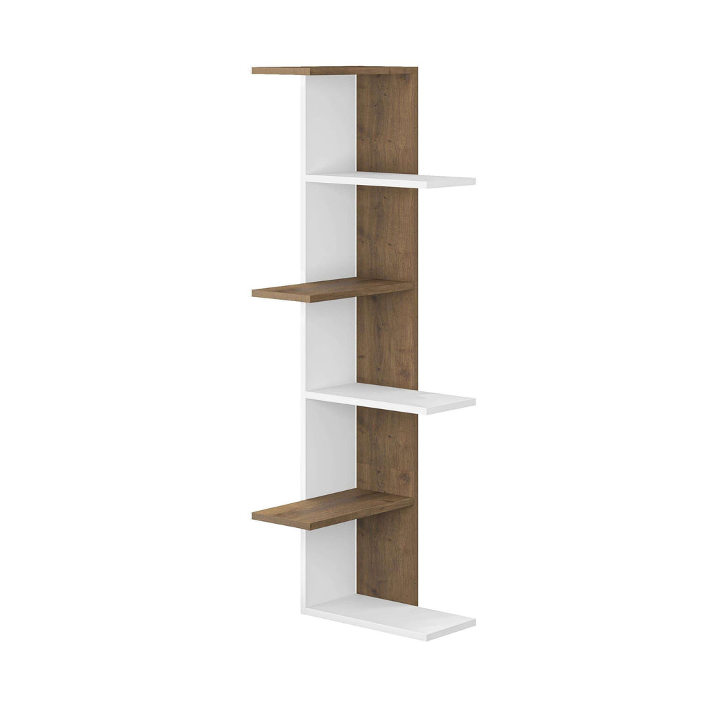 Corner bookcase with white frame and light oak wood shelves, 5 tiers