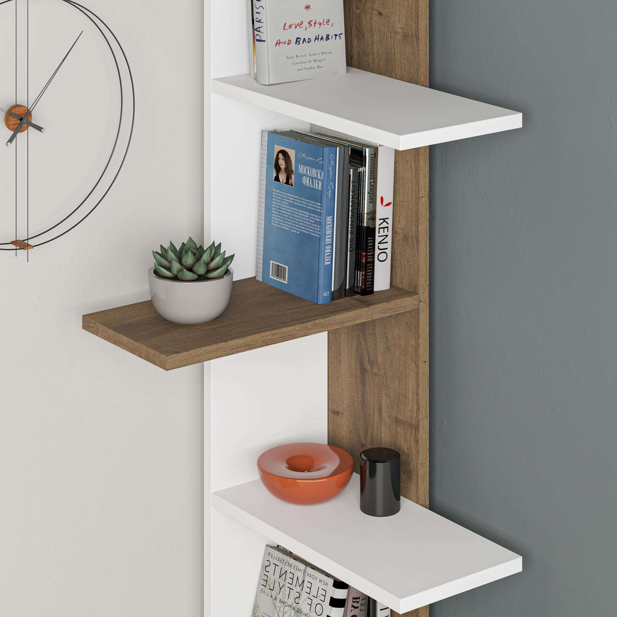 5-tier corner bookcase with white shelves and dark oak frame