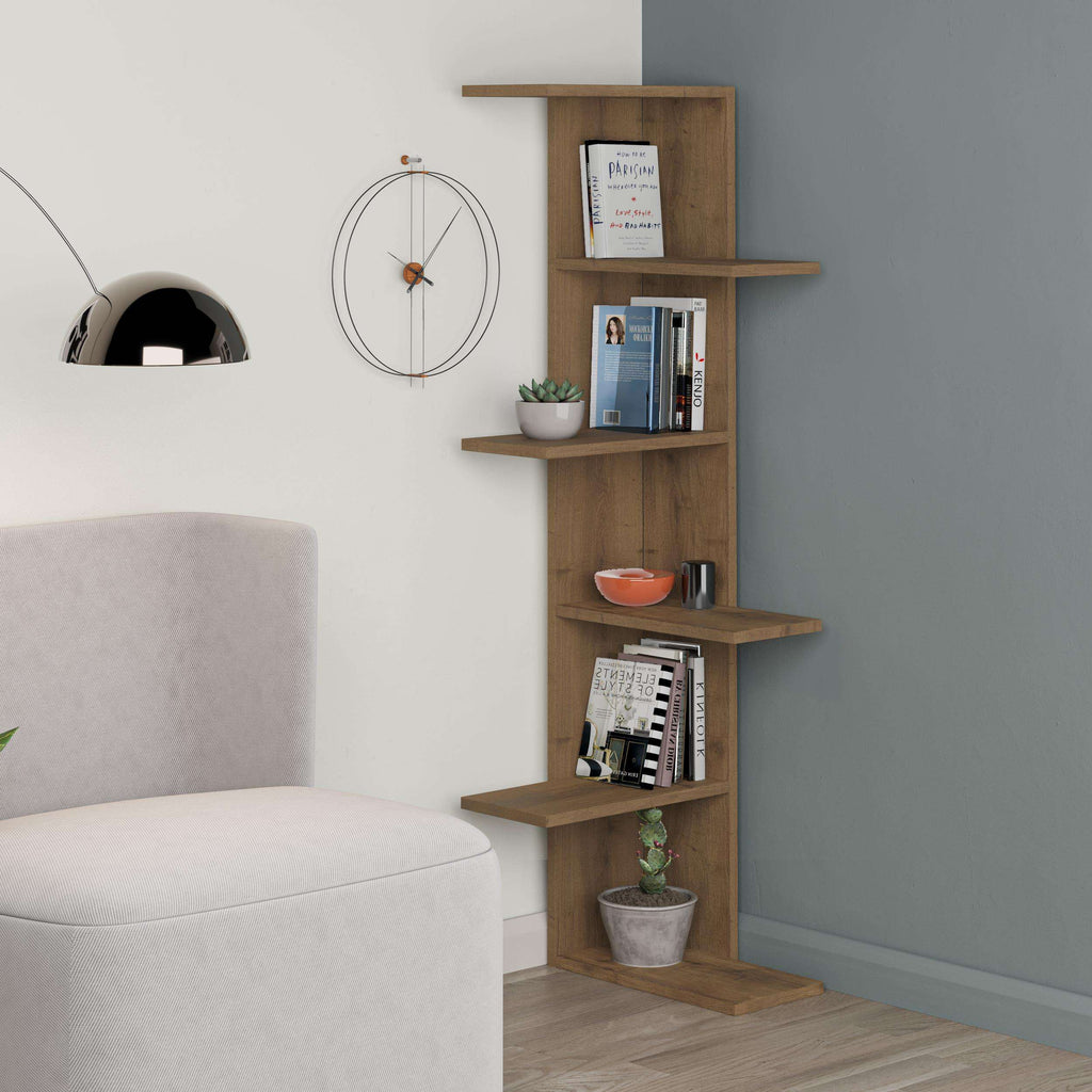 5-tier corner bookcase with open shelves in dark oak