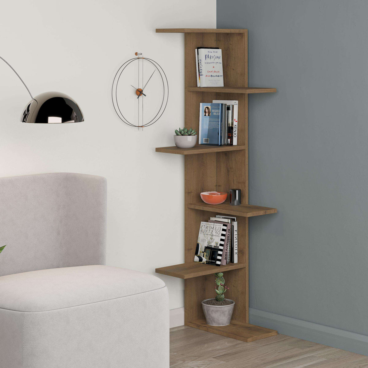 5-tier corner bookcase with open shelves in dark oak