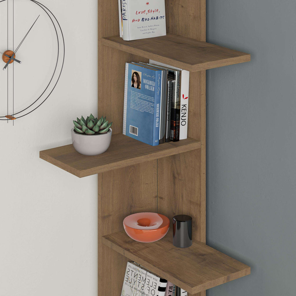 5-tier corner bookcase with white shelves and dark oak frame