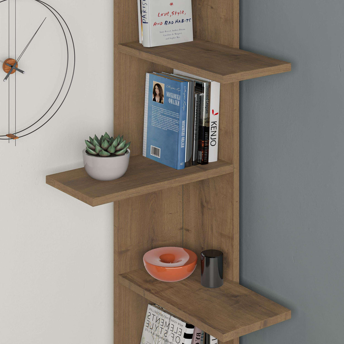 5-tier corner bookcase with white shelves and dark oak frame