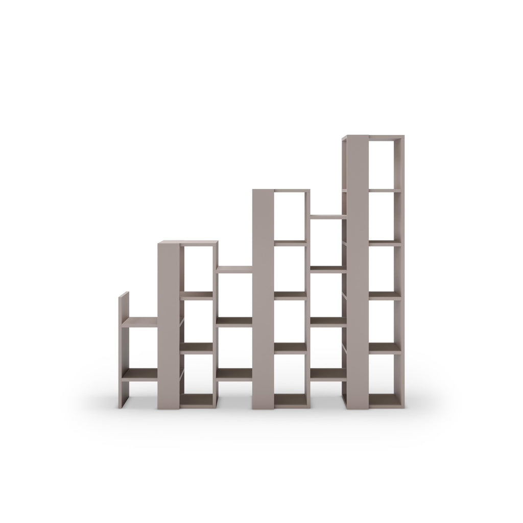 Tall modular room divider bookcase with stacked open shelf bays, wood-tone finish