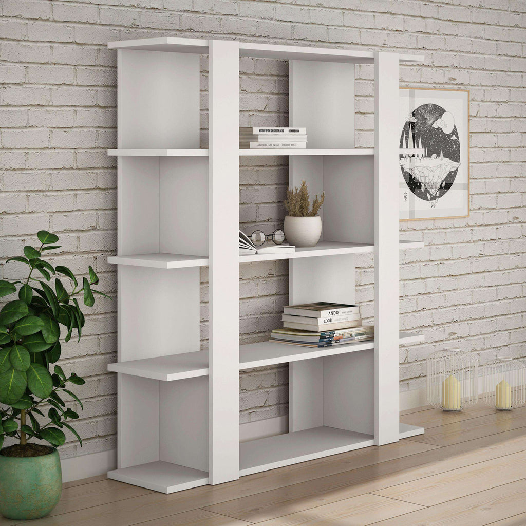 White modern bookcase display unit with open cubby shelves and center niche