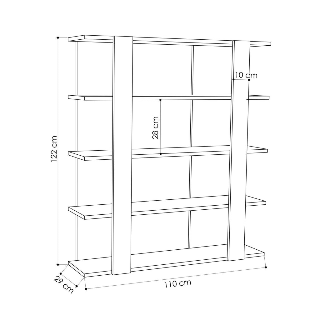 Modern bookcase display unit with open shelves and side support frames