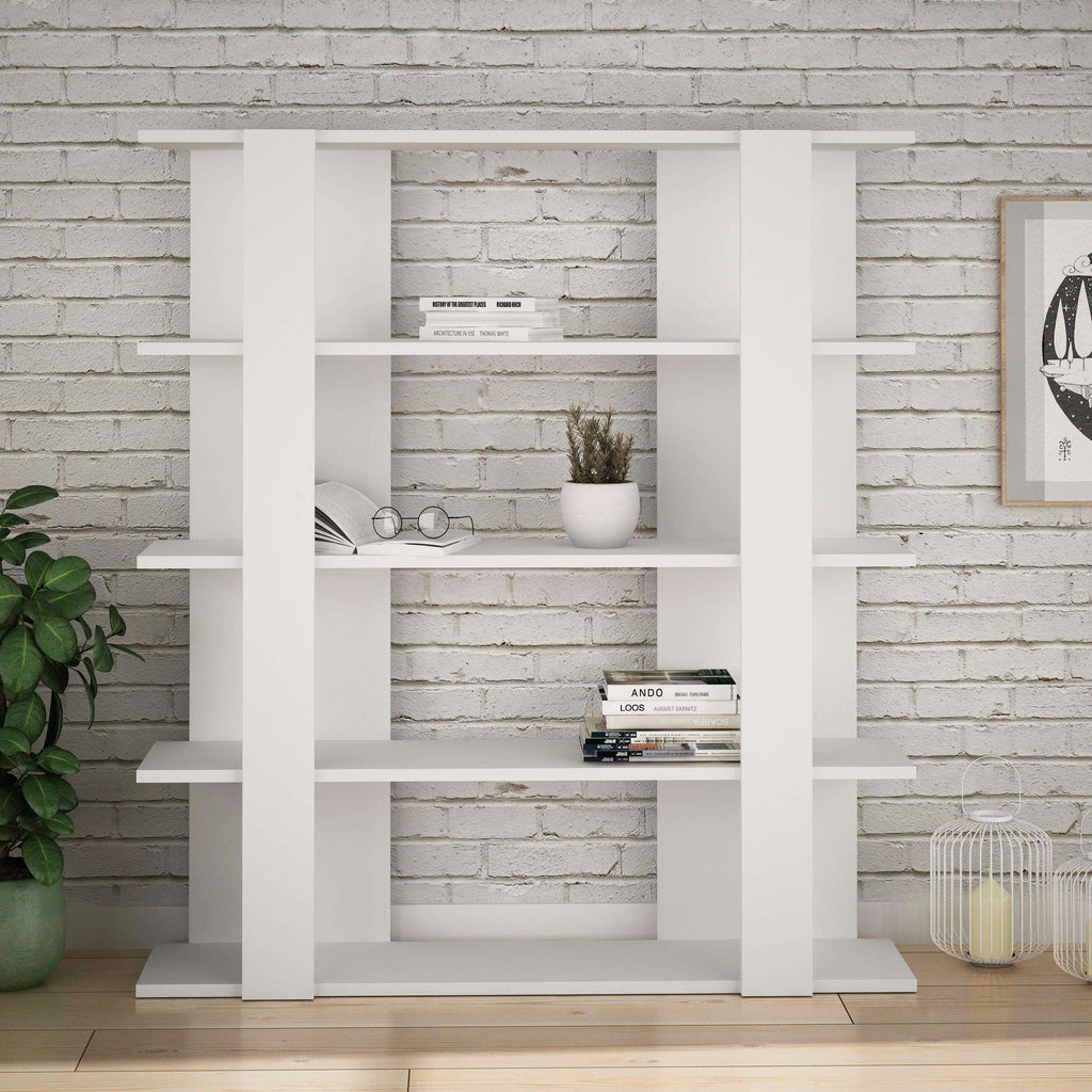 White bookcase display unit with open shelves and symmetrical cubby grid