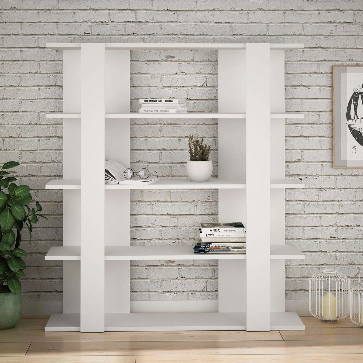 Tita modern bookcase display unit, medium 122cm, white open shelves against brick wall