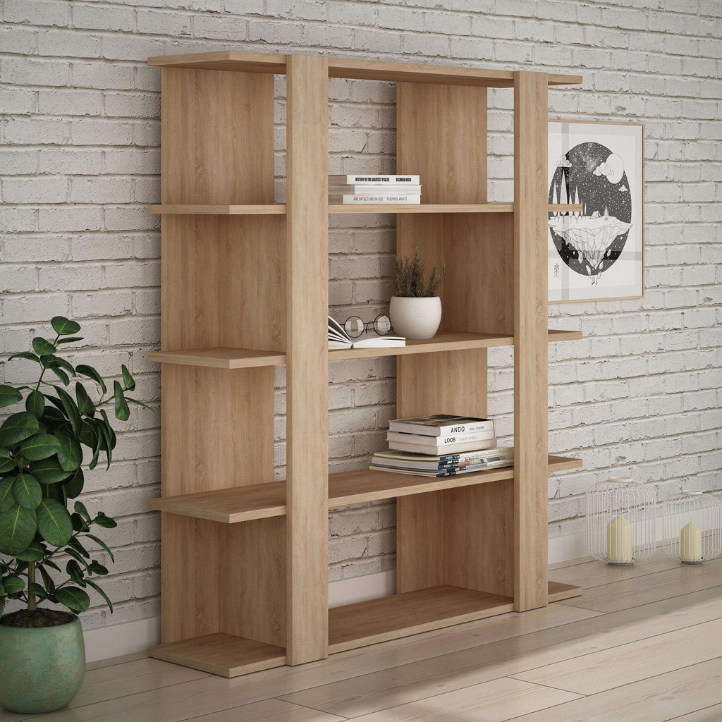 Oak modern bookcase display unit with open shelves and center shelf niche