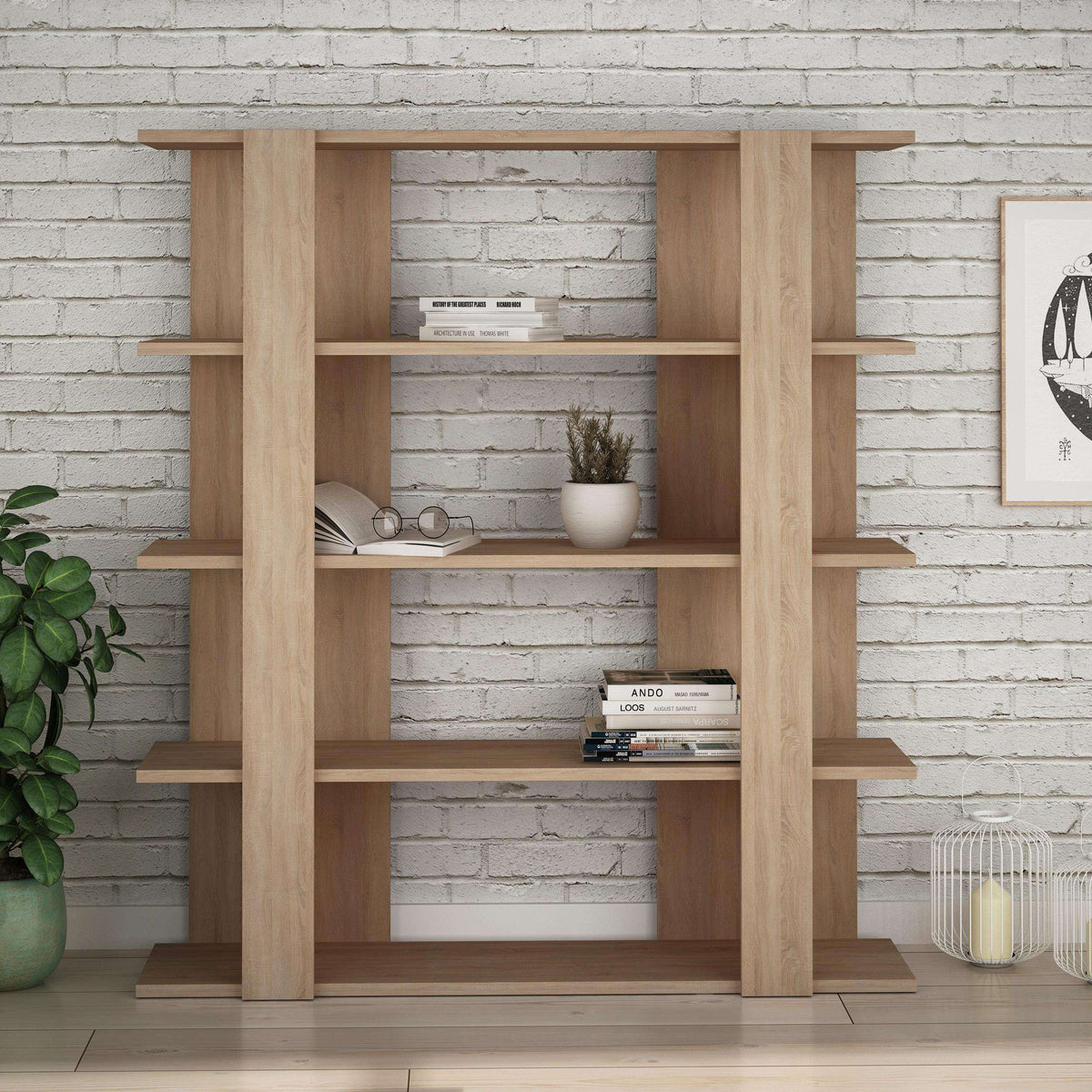 Oak modern bookcase display unit with open shelves and central display niche