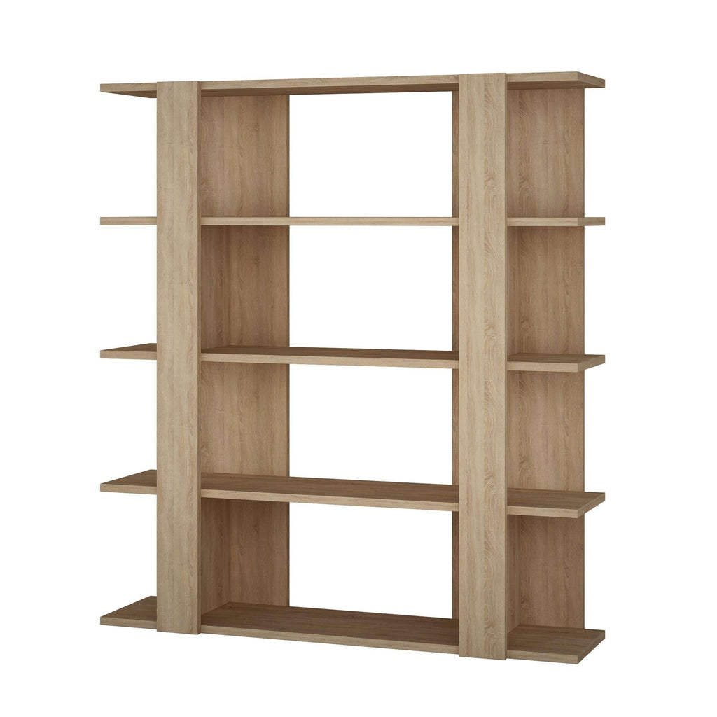 Oak bookcase display unit with open cubby shelves and wide side frames