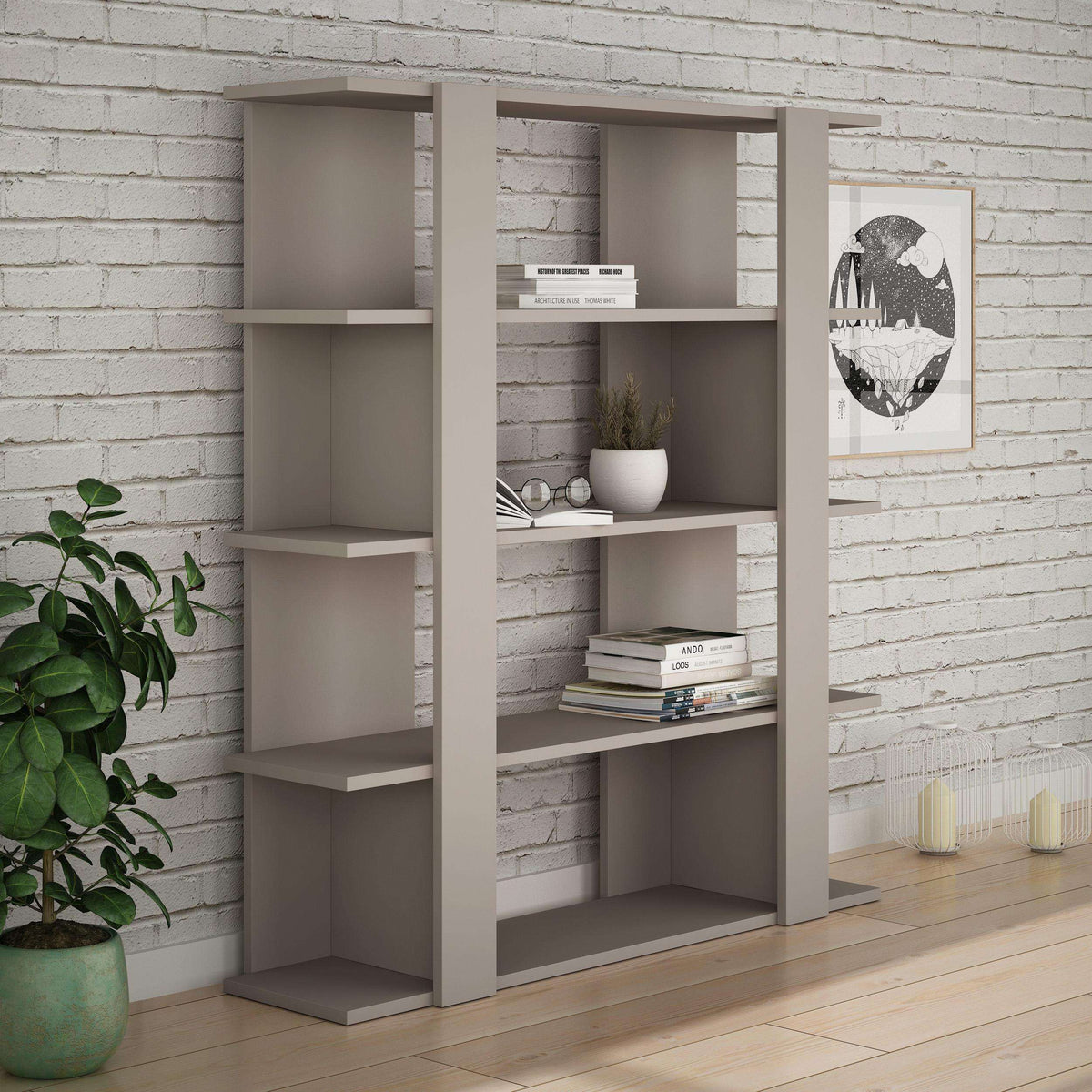 Light mocha and anthracite open bookcase with multiple square shelves