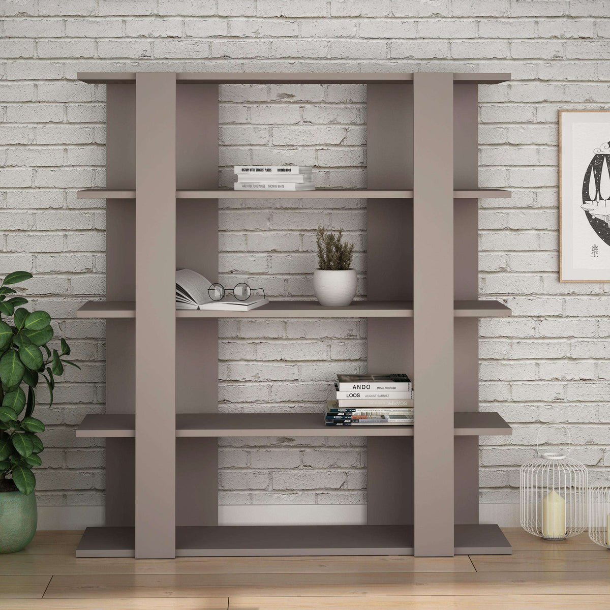 Light mocha and anthracite open bookcase with stacked open compartments
