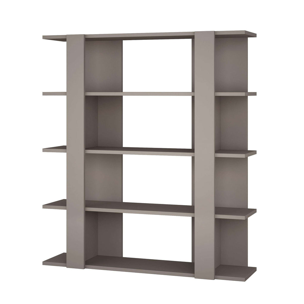 Light gray bookcase display unit with open cubby shelves and side frame supports