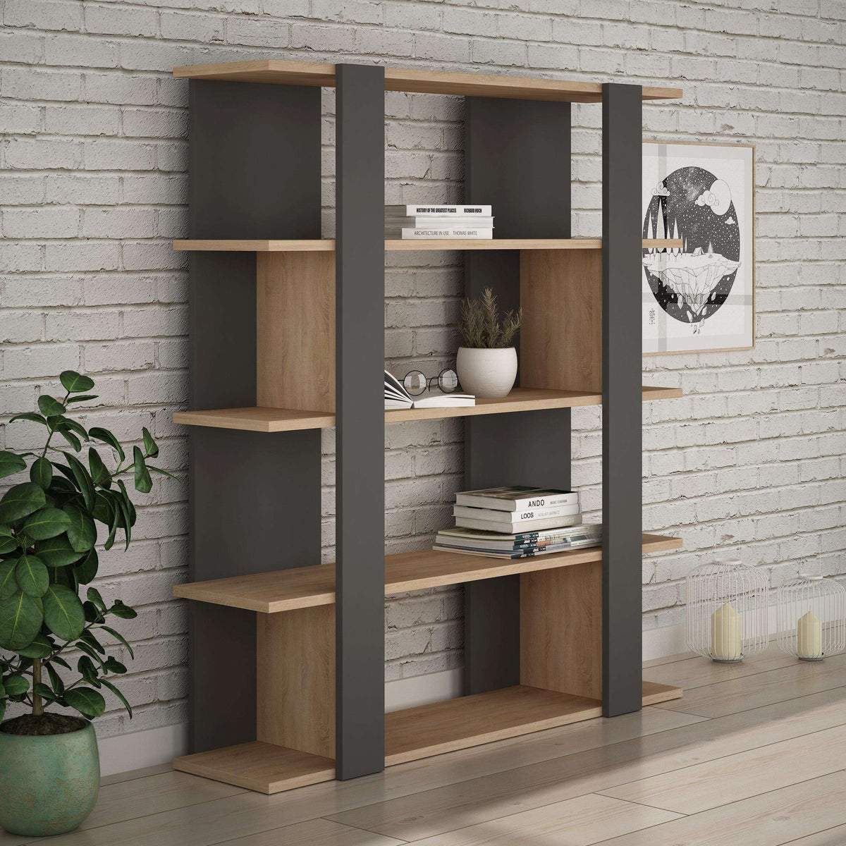 Light oak and anthracite open bookcase with stacked display shelves