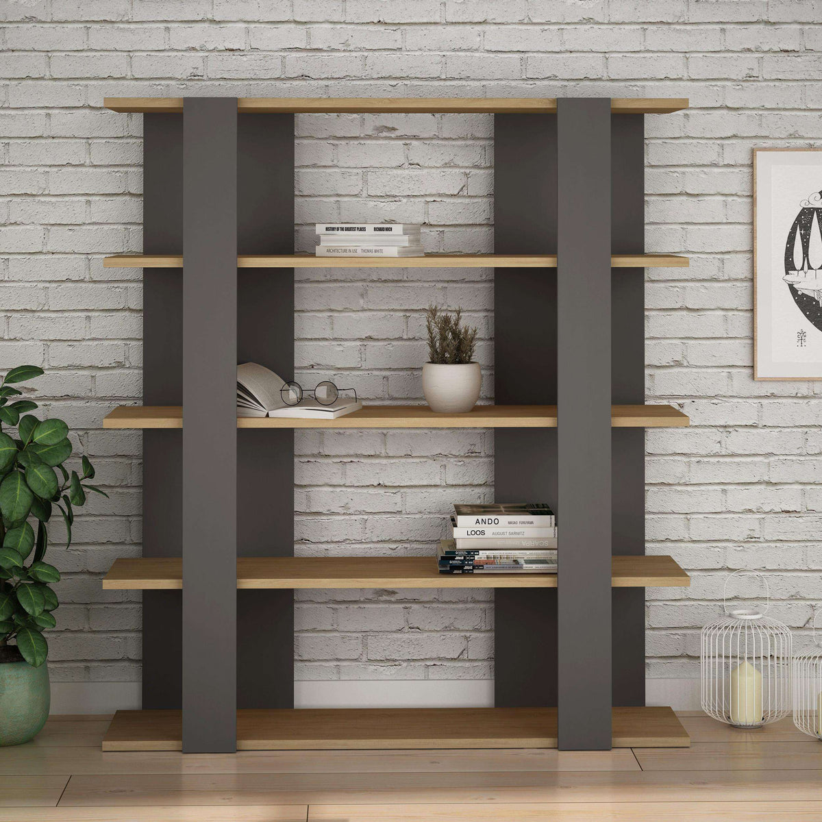 Anthracite and light mocha open bookcase with multiple levels of shelving