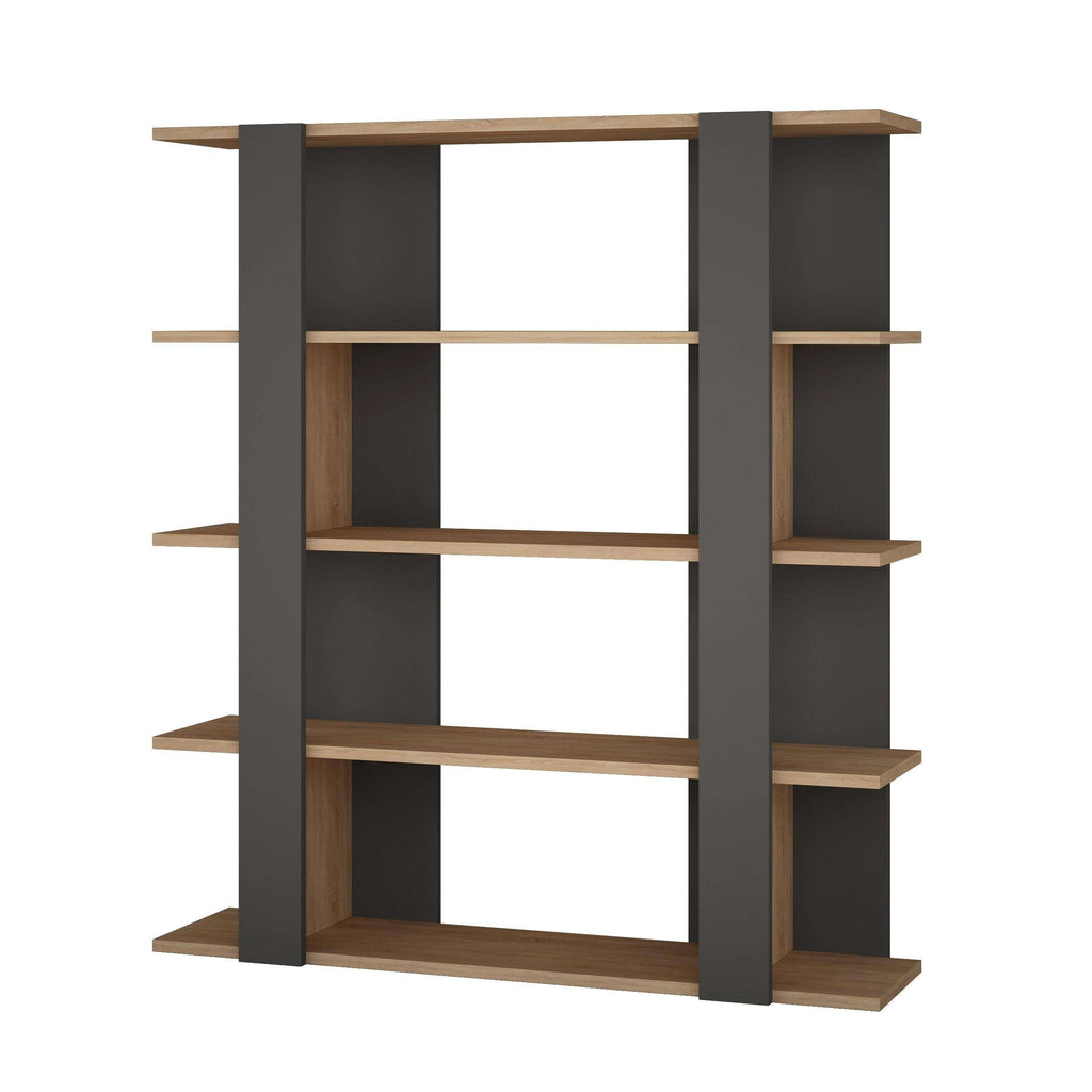 Modern bookcase with dark anthracite uprights and light oak shelves
