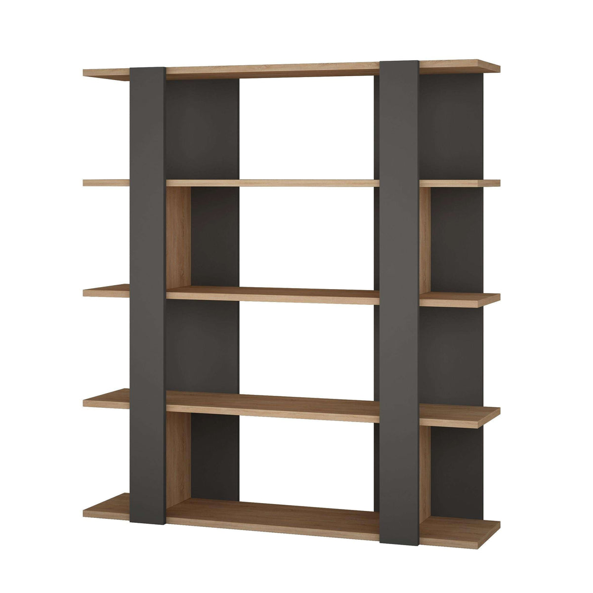 Modern bookcase with dark anthracite uprights and light oak shelves