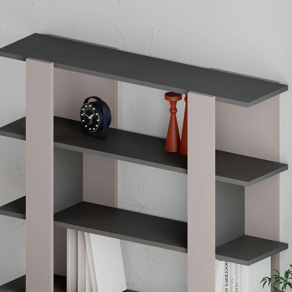 Modern bookcase display unit with anthracite shelves and white side panels